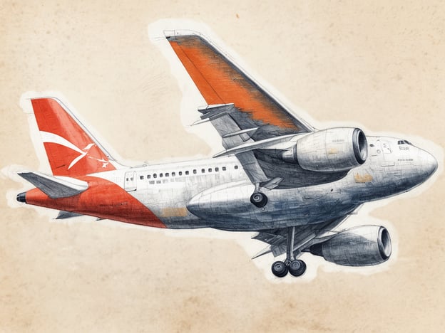 Ein Flugzeug mit roten und weißen Farben schwebt über einem beigen Hintergrund. Die Tragflächen sind prominent sichtbar, und die Triebwerke sind an der Rumpfunterseite angebracht. Das Bild vermittelt den Eindruck einer Illustration und zeigt die Details des Flugzeugs deutlich.