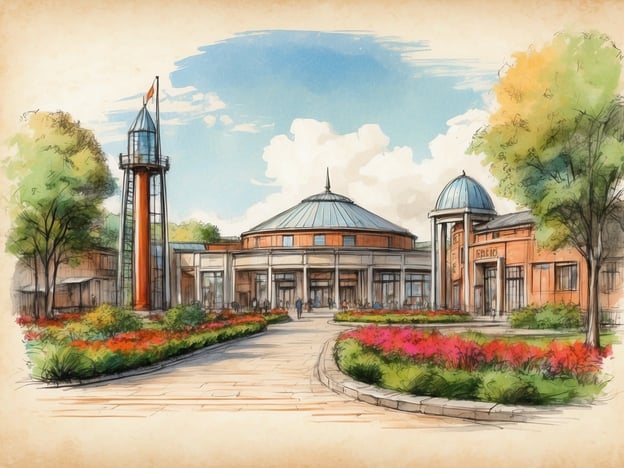Auf dem Bild ist eine künstlerische Darstellung eines modernen Eingangsbereichs zu einem zoologischen Garten zu sehen, der von Blumenbeeten und Bäumen umgeben ist. Diese Gestaltung könnte gut zum Zoologischen Garten Rostock passen, der 1899 eröffnet wurde und sich seither zu einem der ältesten und vielfältigsten Zoos in Deutschland entwickelt hat. Der Garten legt großen Wert auf Artenschutz und bietet Besuchern eine Vielzahl von tierischen sowie botanischen Erlebnissen.Die Architektur im Bild könnte darauf hindeuten, dass der Zoo moderne Elemente integriert hat, um Besuchern ein ansprechendes Erlebnis zu bieten. Der Zoo Rostock hat in den letzten Jahren zahlreiche Renovierungen und Erweiterungen erfahren, um den Tierschutz und die Bildungsangebote zu verbessern.