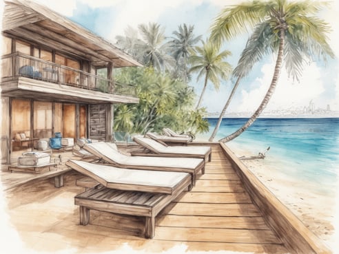 Ein luxuriöses Urlaubsambiente mit einem Holzdeck, das über einen Strand führt. Auf dem Deck stehen mehrere Sonnenliegen, die zur Entspannung einladen. Im Hintergrund ist ein modernes, zweigeschossiges Haus mit großen Fensterfronten und einem Balkon zu sehen. Palmen umgeben die Szene, und das glitzernde Wasser des Ozeans reicht bis zur Küste. Der Himmel ist hell und freundlich, was das Gefühl von Erholung und Luxus verstärkt.