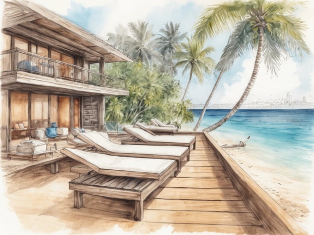 Ein luxuriöses Urlaubsambiente mit einem Holzdeck, das über einen Strand führt. Auf dem Deck stehen mehrere Sonnenliegen, die zur Entspannung einladen. Im Hintergrund ist ein modernes, zweigeschossiges Haus mit großen Fensterfronten und einem Balkon zu sehen. Palmen umgeben die Szene, und das glitzernde Wasser des Ozeans reicht bis zur Küste. Der Himmel ist hell und freundlich, was das Gefühl von Erholung und Luxus verstärkt.
