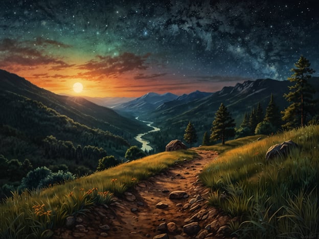 Auf dem Bild ist eine malerische Landschaft eines Nationalparks zu sehen, die eine atemberaubende Aussicht auf Berge und Täler bietet. Diese Szenerie lädt zu verschiedenen Aktivitäten im Freien ein. Man könnte hier wunderschöne Wanderungen unternehmen und die Natur erkunden, während man den Sonnenuntergang beobachtet.Der Weg, der durch das Gras führt, könnte Reisende dazu einladen, einen gemütlichen Spaziergang zu machen oder einfach die Ruhe und die Vielfalt der Flora und Fauna zu genießen. Außerdem könnte man am Fluss angeln oder ein Picknick im Grünen veranstalten. Nach Einbruch der Dunkelheit bietet sich die Möglichkeit, die Sterne zu beobachten und vielleicht sogar eine Nachtwanderung zu unternehmen, um die Geräusche der Nacht zu erleben. Solche Erlebnisse machen den Besuch in einem Nationalpark unvergesslich.