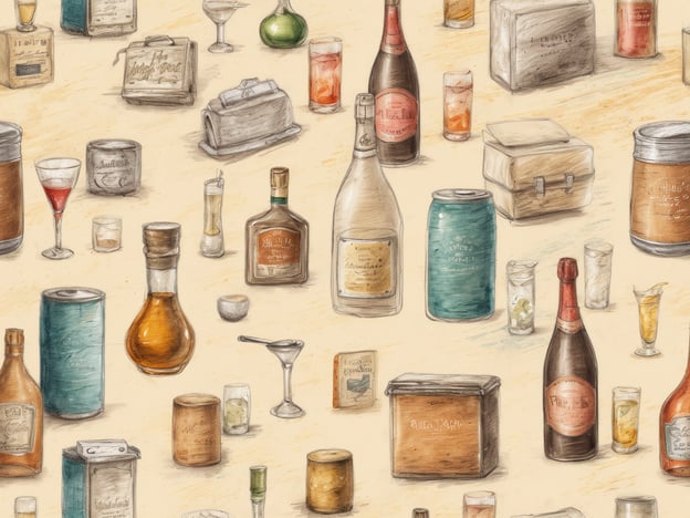 Das Bild zeigt eine Vielzahl von alkoholischen Getränken und Behältern, die auf einem hellen Hintergrund angeordnet sind. Es sind verschiedene Flaschen und Gläser sichtbar, darunter Weinflaschen, Spirituosen, Cocktails in Gläsern und Dosen. Zudem sind auch einige Verpackungen und Boxen zu sehen, die für die Lagerung von Getränken verwendet werden könnten. Die Darstellung hat einen handgezeichneten, künstlerischen Stil und vermittelt eine einladende, gesellige Atmosphäre.