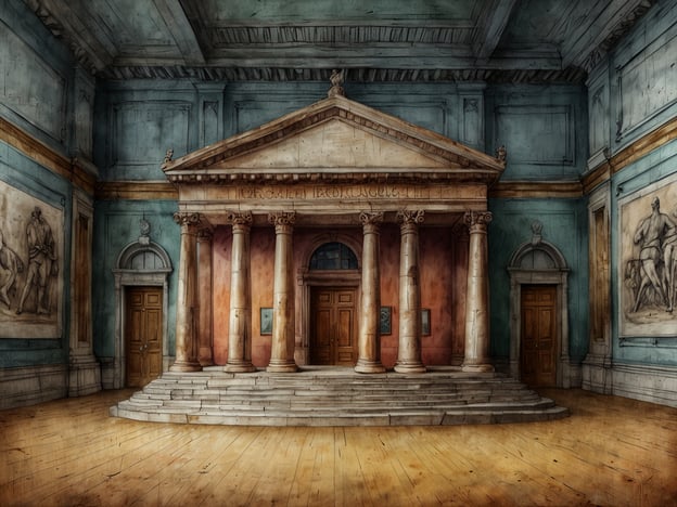 Auf dem Bild ist eine beeindruckende architektonische Gestaltung zu sehen, die an einen klassischen Museumssaal erinnert. Im Vordergrund steht ein majestätisches Portal mit Säulen, das an antike Tempelbauweise erinnert. Die Wände sind farblich gestaltet und zeigen kunstvolle Reliefs, die möglicherweise Szenen aus der Geschichte oder Mythen darstellen. Der Boden ist aus Holz und verleiht dem Raum eine warme Atmosphäre.Dieser Raum könnte in einem Kunstmuseum oder einer kulturellen Institution zu finden sein, wo bedeutende Werke ausgestellt werden. Die gesamte Gestaltung vermittelt ein Gefühl von Ehrfurcht und lädt die Besucher ein, die Kunst und Geschichte zu erkunden.