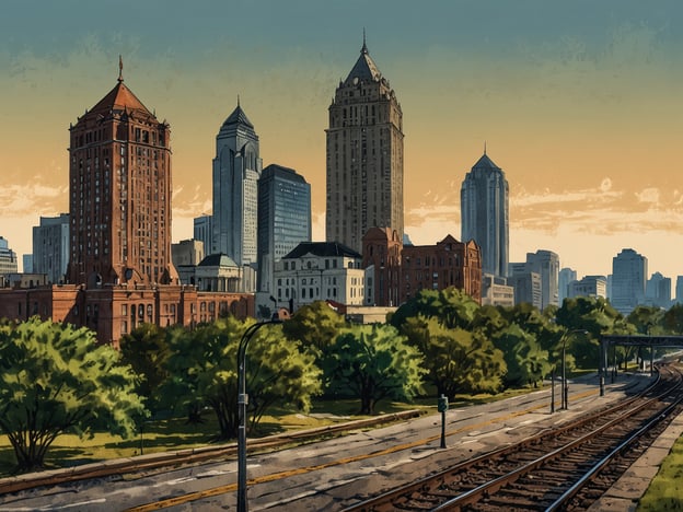 Auf dem Bild ist eine moderne Stadtlandschaft mit dem Himmel im Hintergrund zu sehen, die von hohen Gebäuden und einer grünen Umgebung geprägt ist. Dies könnte eine Darstellung von Atlanta sein, einer Stadt, die eine reiche Geschichte hat, angefangen von ihrer Gründung im Jahre 1837 als kleine Kreuzung von Eisenbahnen bis hin zu ihrer Entwicklung zu einem wichtigen wirtschaftlichen und kulturellen Zentrum des amerikanischen Südens.Atlanta spielte eine bedeutende Rolle während des Bürgerkriegs und danach in der Reconstruction-Ära. In der Mitte des 20. Jahrhunderts wurde sie zu einem Dreh- und Angelpunkt für die Bürgerrechtsbewegung. Heute ist Atlanta bekannt für ihre Vielfalt, ihre florierende Wirtschaft und ihre bedeutenden Institutionen wie das Georgia Institute of Technology und die Emory University. Die Mischung aus historischer Architektur und modernen Wolkenkratzern im Bild spiegelt die Transformation der Stadt im Laufe der Jahre wider.