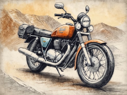 Ein orangefarbenes Motorrad steht auf einer kurvenreichen Straße mit einem Gebirgszug im Hintergrund. Das Motorrad hat eine sportliche Bauweise, einen silbernen Auspuff und eine blaue Tankverkleidung. Die Landschaft wirkt trocken und sonnig, was auf einen idealen Motorradurlaub hinweist. Die Illustration hat einen handgezeichneten Stil, der die Abenteuerlust und Freiheit des Motorradfahrens hervorhebt.