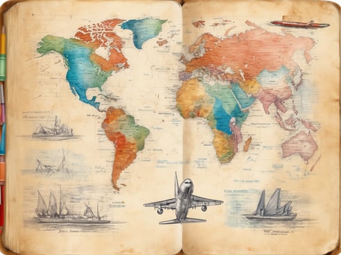 Eine aufgeschlagene Landkarte mit farbigen Kontinenten in blau, grün, rot und orange, umgeben von Skizzen verschiedener Schiffe und einem Flugzeug. Die Karte zeigt die Welt mit Fokus auf die Kontinente Nordamerika, Südamerika, Europa, Afrika und Asien. Das Flugzeug befindet sich im unteren Bereich der Seite und ist im Vordergrund abgebildet.