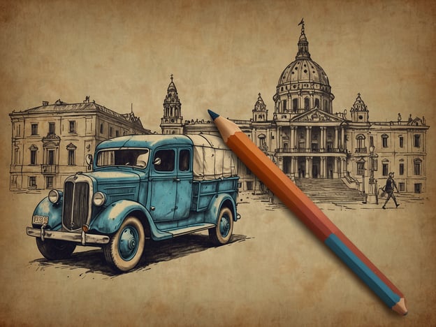 Auf dem Bild sieht man einen klassischen blauen Lastwagen vor einer historischen Gebäudeansicht, die an eine Stadt mit eindrucksvoller Architektur erinnert. Diese Szene könnte Aktivitäten wie einen Stadtbummel, Besichtigungen von historischen Gebäuden oder das Entdecken von versteckten Schätzen in der Stadt anregen.Man könnte zum Beispiel eine Tour durch die Stadt unternehmen, Museen und Galerien besuchen, in einem charmanten Café entspannen oder an geführten Stadtführungen teilnehmen, um mehr über die interessante Geschichte und Kultur der Umgebung zu erfahren. Ein Fotospaziergang wäre ebenfalls eine tolle Möglichkeit, die Schönheit der Architektur und der Straßen aufzunehmen.