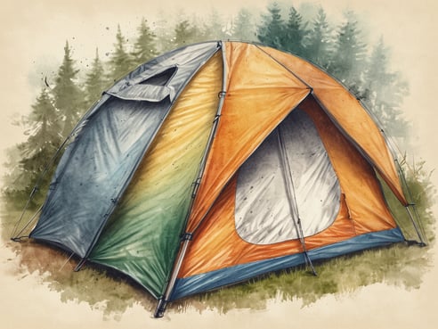Ein buntes Zelt steht auf einer grünen Wiese, umgeben von Bäumen im Hintergrund. Das Zelt hat eine orange, grüne und blaue Farbkombination und zeigt eine große Eingangsöffnung mit einer kleinen Fensterklappe an der Spitze. Die Materialien wirken leicht und sind sorgfältig gespannt, um Stabilität zu gewährleisten.