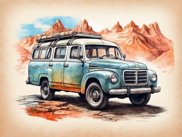Auf dem Bild ist ein nostalgischer Van zu sehen, der mit einem Dachgepäckträger ausgestattet ist. Solche Fahrzeuge sind oft mit Abenteuerreisen und Road Trips verbunden. Besucher könnten überlegen, mit einem ähnlichen Fahrzeug durch malerische Landschaften zu reisen, beispielsweise durch beeindruckende Berge oder weite Wüsten.Attraktionen für Besucher könnten Wanderungen in der Natur, das Erkunden abgelegener Strände oder das Campen unter dem Sternenhimmel umfassen. Solche Erlebnisse bieten die Möglichkeit, die Schönheit der Natur hautnah zu erleben, lokale Tierwelt zu beobachten und unvergessliche Erinnerungen zu schaffen. Zudem könnten Stopps an kleinen, charmanten Städten oder historischen Stätten die Reise bereichern.