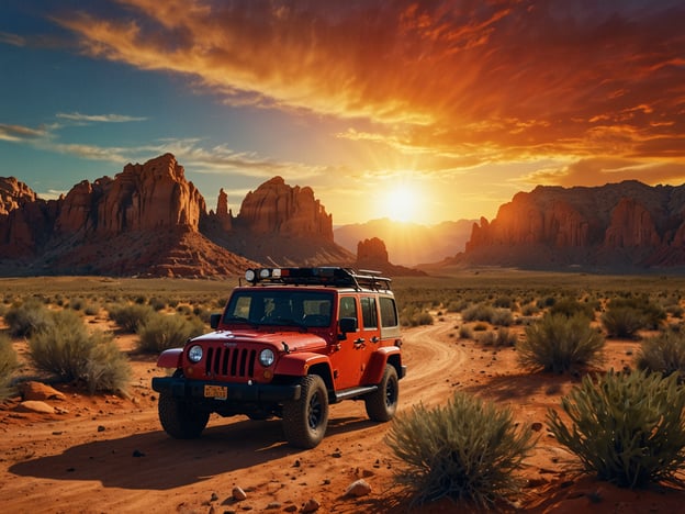 Auf dem Bild sieht man ein rotes Jeep-Fahrzeug, das auf einer staubigen Straße in Monument Valley steht, umgeben von majestätischen roten Felsen und einem beeindruckenden Sonnenuntergang im Hintergrund.In Monument Valley gibt es zahlreiche Aktivitäten und Erlebnisse, die Besucher genießen können. Man kann Off-Road-Touren unternehmen, um die eindrucksvollen Sandsteinformationen aus nächster Nähe zu erkunden. Eine geführte Tour von Navajo-Indianern bietet tiefe Einblicke in die Kultur und Geschichte der Region.Fotografie ist hier besonders beliebt, da die Landschaft mit ihren vielfältigen Farben und Formen atemberaubende Motive bietet. Außerdem kann man Wanderungen zu Aussichtspunkten machen, die einen spektakulären Blick auf das Valley bieten.Ein Besuch des Wassertanks und des berühmten Monument Valley Tribes Park ermöglicht es den Gästen, die beeindruckende Natur und das Erbe der Ureinwohner hautnah zu erleben.
