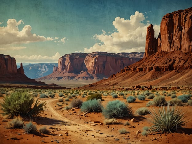 Auf dem Bild ist eine beeindruckende Landschaft zu sehen, die mit den weiten, offenen Flächen und den markanten Felsformationen weitläufiger Wüstenregionen assoziiert wird, ähnlich den ausgedehnten Gebieten in der Heimat der Navajo. Die Navajo-Kultur ist eng mit der Natur und der Landschaft verbunden, was sich in ihrer Spiritualität und ihrem täglichen Leben widerspiegelt.Die sanften Hügel und die majestätischen Monolithen sind nicht nur natürliche Elemente, sondern auch Orte der spirituellen Bedeutung für die Navajo. Die Landschaft wird als lebendig und voller Geschichte betrachtet, denn sie erzählt Geschichten von ihren Ahnen und den Wesenheiten, die die Erde bevölkern. Die Farben des Bodens und der Vegetation stehen in harmonischem Einklang mit den Lehren der Navajo, die das Land als heilig ansehen und eine tiefe Verbundenheit mit ihm pflegen.Die Wege im Vordergrund, die sich durch die Landschaft schlängeln, symbolisieren die Reisen und Übergänge im Leben, während die monumentalen Felsen im Hintergrund für Beständigkeit und die dauerhafte Verbindung zur Erde stehen. In der Kultur der Navajo ist das Land nicht nur ein Raum, sondern ein lebendiger Teil ihrer Identität.