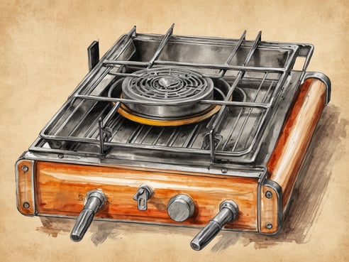 Ein Campingkocher mit einem stabilen Gestell aus Metall und einem Holzrahmen ist auf dem Bild zu sehen. Die Brennplatte in der Mitte ist rund und besteht aus Metall, umgeben von einem Gitter, das zur Stabilität von Töpfen und Pfannen dient. An der Vorderseite befinden sich zwei Drehknöpfe zur Regulierung der Flamme. Der Hintergrund ist beige und hebt den Kocher hervor.
