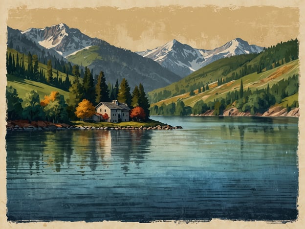 Auf dem Bild ist eine idyllische Landschaft zu sehen, die sich durch einen ruhigen See vor einer malerischen Bergkulisse auszeichnet. Am Ufer des Sees steht ein kleines, charmantes Haus, umgeben von Bäumen und bunten Laub, was auf den Herbst hindeutet. Die Berge im Hintergrund sind mit Schnee bedeckt und verleihen der Szene eine majestätische Note.
Diese Art von Landschaft ist typisch für die Finger Lakes Region in New York, die bekannt ist für ihre schönen Seen, sanften Hügel und malerischen Ausblicke. Die Region zieht viele Besucher an, die die Natur genießen, wandern oder einfach die Ruhe der Umgebung erleben möchten. Sie ist auch bekannt für ihre Weingüter und die Vielzahl von Outdoor-Aktivitäten.