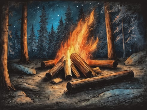 Ein Lagerfeuer brennt hell in einem Wald. Um das Feuer liegen mehrere Holzstämme in verschiedenen Größen. Im Hintergrund sind hohe Bäume und ein sternenreicher Nachthimmel zu sehen. Der gesamte Bereich ist leicht erleuchtet vom warmen Licht des Feuers, während die Umgebung in dunklen Farben gehalten ist.