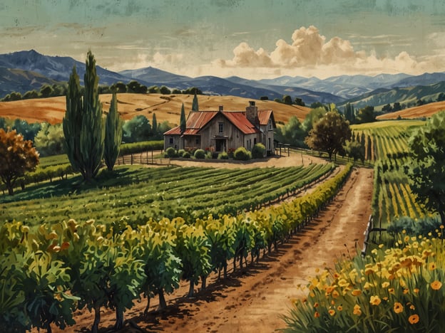 Auf dem Bild sind malerische Weinberge zu sehen, die sich sanft in einer hügeligen Landschaft ausbreiten. In der Mitte steht ein charmantes Haus mit einem roten Dach, umgeben von Bäumen und Pflanzen. Die harmonische Farbgebung und die sanften Linien schaffen eine beruhigende Atmosphäre, die die Schönheit der Natur hervorhebt.
**Fazit: Warum die Finger Lakes ein Muss sind:**
Die Finger Lakes bieten atemberaubende Landschaften, köstliche Weine und zahlreiche Möglichkeiten für Outdoor-Aktivitäten. Die Kombination aus malerischen Weinbergen, beeindruckenden Seen und einer vielfältigen Tierwelt macht diese Region zu einem idealen Ziel für Naturliebhaber und Genießer. Ein Besuch in den Finger Lakes ist eine Erfahrung, die nicht nur die Sinne bereichert, sondern auch unvergessliche Erinnerungen schafft.