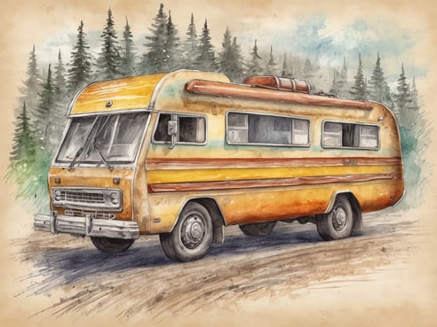 Auf dem Bild ist ein nostalgisches Wohnmobil zu sehen, das in warmen Gelbtönen lackiert ist. Es steht auf einer unbefestigten Straße, umgeben von grünen Bäumen und einem sanften, verschwommenen Hintergrund. Das Wohnmobil hat große Fenster und eine charakteristische Form, mit einem orangefarbenen Streifen entlang der Seite. Die Gesamtkomposition vermittelt ein Gefühl von Abenteuer und Freiheit in der Natur.