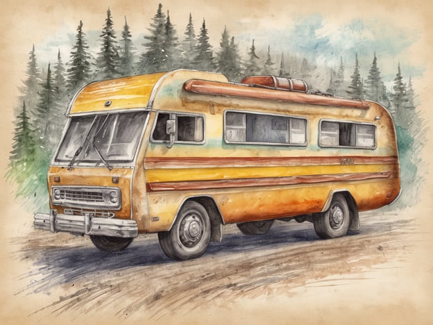 Auf dem Bild ist ein nostalgisches Wohnmobil zu sehen, das in warmen Gelbtönen lackiert ist. Es steht auf einer unbefestigten Straße, umgeben von grünen Bäumen und einem sanften, verschwommenen Hintergrund. Das Wohnmobil hat große Fenster und eine charakteristische Form, mit einem orangefarbenen Streifen entlang der Seite. Die Gesamtkomposition vermittelt ein Gefühl von Abenteuer und Freiheit in der Natur.