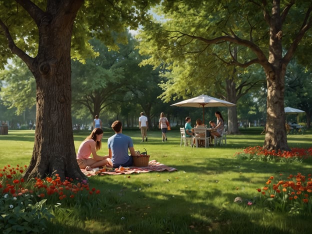 Auf dem Bild ist eine schöne Parklandschaft zu sehen. Im Vordergrund sitzen zwei Personen auf einer Picknickdecke und genießen ein gemütliches Picknick. Sie scheinen miteinander zu sprechen und die sonnige Atmosphäre zu genießen.Im Hintergrund gibt es eine Gruppe von Menschen, die an einem Tisch unter einem Sonnenschirm essen oder trinken. Einige Spaziergänger schlendern durch den Park, was auf eine lebhafte und einladende Umgebung hinweist. Die bunten Blumen und grünen Bäume tragen zur entspannten Stimmung bei und laden dazu ein, die Natur zu genießen und gemeinsame Zeit im Freien zu verbringen.