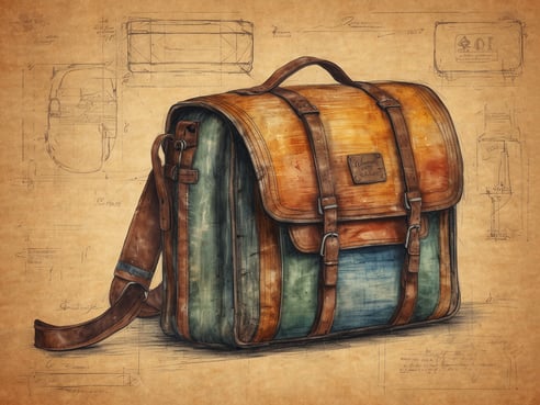 Ein detailreich gezeichneter Rucksack mit einem kombinierenden Design aus orangefarbener und grüner Farbe. Der Rucksack hat eine Klappe, die mit zwei Schnallen befestigt ist, sowie einen robusten Tragegriff. Neben dem Rucksack sind verschiedene technische Skizzen und Maße im Hintergrund sichtbar, die seine Struktur und Details darstellen. Der gesamte Hintergrund hat einen antiken Look, der dem Bild eine nostalgische Note verleiht.
