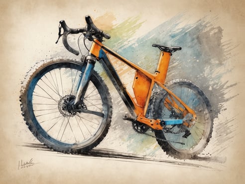 Das Bild zeigt ein orangefarbenes Fahrrad mit einem blauen Rahmen und schwarzen Reifen. Es ist künstlerisch im Aquarellstil dargestellt, wobei der Hintergrund in sanften Farbtönen gehalten ist. Es gibt keine Wanderschuhe im Bild.