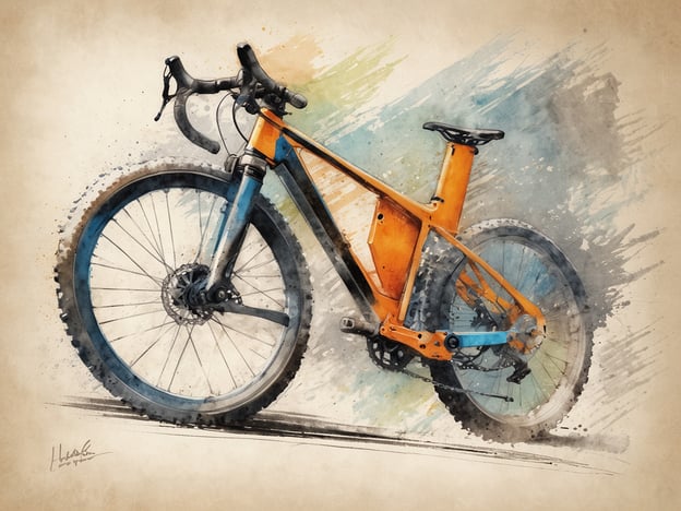 Das Bild zeigt ein orangefarbenes Fahrrad mit einem blauen Rahmen und schwarzen Reifen. Es ist künstlerisch im Aquarellstil dargestellt, wobei der Hintergrund in sanften Farbtönen gehalten ist. Es gibt keine Wanderschuhe im Bild.