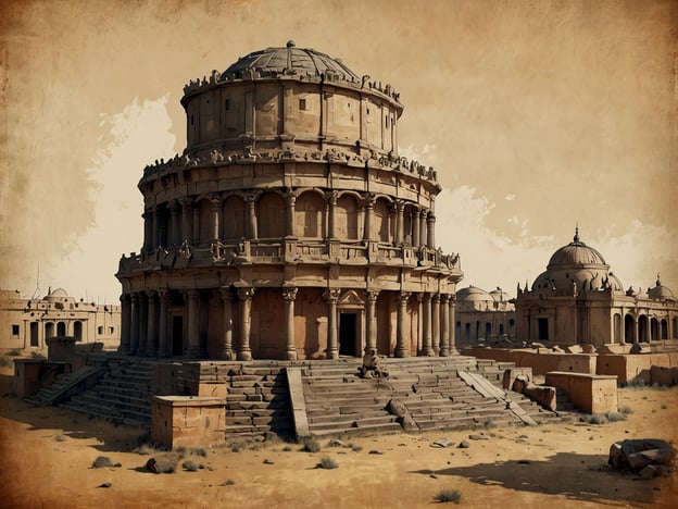 Auf dem Bild ist ein monumentales Bauwerk zu sehen, das stark an historische Strukturen erinnert, die in verschiedenen Kulturen für religiöse oder kulturelle Zeremonien genutzt wurden. Die Architektur scheint aus der indischen oder möglicherweise aus einer anderen südasiatischen Tradition zu stammen, was auf einen bedeutenden kulturellen Einfluss hindeutet.Besonders auffällig sind die gewölbten Dächer und die detaljierte Steinbearbeitung, die typisch für alte Tempel oder Mausoleen ist. Solche Bauwerke sind oft mit spiritueller Bedeutung verbunden und zeugen von den künstlerischen und architektonischen Fähigkeiten ihrer Schöpfer. Die Umgebung, die trocken und verlassen wirkt, könnte auf den Verfall und das Verschwinden bestimmter Kulturstätten im Laufe der Geschichte hinweisen. Dies verdeutlicht, wie wichtig der Erhalt kulturellen Erbes ist, da solche Orte nicht nur historische, sondern auch identitätsstiftende Werte für zukünftige Generationen repräsentieren.