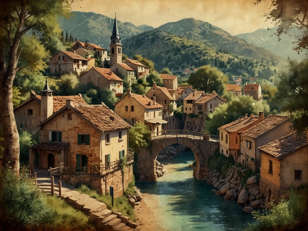 Auf dem Bild ist ein malerisches Dorf zu sehen, das von sanften Hügeln umgeben ist. Die charmanten Häuser mit ihren terrakottafarbenen Dächern scharen sich um einen kleinen Fluss, der sich durch die Landschaft schlängelt. Eine wunderschöne Brücke verbindet die beiden Ufer und lädt dazu ein, den Fluss zu überqueren und das Dorf zu erkunden.
Die Atmosphäre ist friedlich und einladend, als ob die Zeit hier stillsteht. Die Natur zeigt sich in vollem Grün, während die Berge im Hintergrund eine majestätische Kulisse bieten. Dies wäre der perfekte Ort für Spaziergänge, um die Schönheiten der Umgebung zu genießen und sich in die entspannte Lebensweise des Dorfes einzutauchen. Man könnte hier lokal produzierte Köstlichkeiten probieren oder einfach die Seele baumeln lassen, während man den sanften Klängen der Natur lauscht.