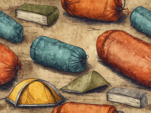 Auf dem Bild sind mehrere Campingschlafsäcke in verschiedenen Farben, darunter orange und grün, sowie zwei kleine Zelte und ein Buch zu sehen. Der Hintergrund besteht aus einer Holzoberfläche. Die Schlafsäcke sind jeweils oval und zusammengebunden, während die Zelte in gelb und grün am Boden liegen. Ein graues Buch befindet sich ebenfalls auf der Oberfläche.