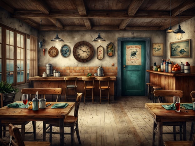 Auf dem Bild sieht man ein gemütliches Restaurant, das an den maritimen Charme von Cape Cod erinnert. Die Holzvertäfelung und die warmen Farben schaffen eine einladende Atmosphäre, die perfekt für kulinarische Erlebnisse ist.
Hier könnten frische Meeresfrüchte serviert werden, wie beispielsweise fangfrischer Hummer oder Muscheln, die man direkt am Hafen genießen kann. Die Einrichtung mit den Uhren und maritimen Bildern deutet auf einen engen Bezug zur Fischertradition der Region hin.
Die Tische sind liebevoll gedeckt, und das Glas Rotwein sowie frische Zitrusfrüchte deuten auf eine Mischung aus regionalen Spezialitäten hin, die Gäste bei einem Blick aufs Meer genießen könnten. Solch ein Ort lädt dazu ein, die Aromen der Küste zu entdecken und unvergessliche gastronomische Erlebnisse zu erleben.