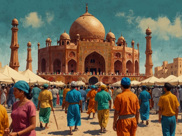 Auf dem Bild ist ein prächtiges Bauwerk mit einer großen Kuppel und mehreren Minaretten zu sehen, das stark an das Taj Mahal erinnert, ein ikonisches Wahrzeichen Indiens. Vor dem Gebäude versammeln sich viele Menschen in bunter Kleidung, was eine lebhafte, kulturelle Atmosphäre schafft. Solch eine Szenerie könnte auf einem Festival oder Markt stattfinden, die die reiche Kultur und Geschichte der Stadt widerspiegeln.Das Taj Mahal gilt nicht nur als Meisterwerk der Mogularchitektur, sondern auch als Symbol für Liebe und Hingabe. Die Stadt Agra, in der es sich befindet, bietet neben dem Taj Mahal auch weitere kulturelle Highlights, wie das Agra Fort und die vielfältige lokale Kunstszene, die Touristen aus aller Welt anzieht.