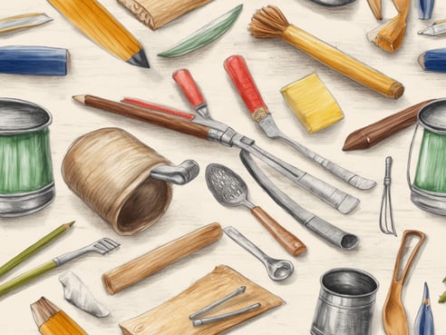 Das Bild zeigt eine Vielzahl von Campinggeschirr und -utensilien, die auf einer hellen Unterfläche angeordnet sind. Darunter befinden sich Töpfe, Löffel, Gabeln und ein Becher aus Holz. Außerdem sind Holz- und Metallwerkzeuge, Pinsel, Geschirrteile sowie einige Zeichenutensilien sichtbar. Die Objekte liegen chaotisch nebeneinander und erzeugen einen kreativen, handwerklichen Eindruck. Die Farben reichen von metallischem Silber bis zu warmen Holztönen und grünen Akzenten.