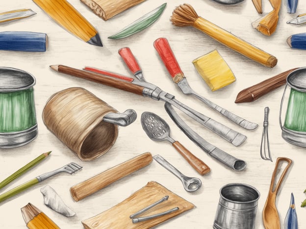 Das Bild zeigt eine Vielzahl von Campinggeschirr und -utensilien, die auf einer hellen Unterfläche angeordnet sind. Darunter befinden sich Töpfe, Löffel, Gabeln und ein Becher aus Holz. Außerdem sind Holz- und Metallwerkzeuge, Pinsel, Geschirrteile sowie einige Zeichenutensilien sichtbar. Die Objekte liegen chaotisch nebeneinander und erzeugen einen kreativen, handwerklichen Eindruck. Die Farben reichen von metallischem Silber bis zu warmen Holztönen und grünen Akzenten.