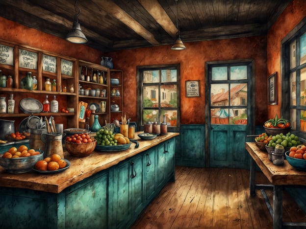 Auf dem Bild ist eine gemütliche, rustikale Küche oder ein Markt zu sehen, die voller frischer und bunter Lebensmittel ist. Auf den Tischplatten liegen verschiedene Obstsorten wie Orangen, Äpfel und Trauben, sorgfältig in Schalen und Tellern arrangiert. Regale im Hintergrund sind gefüllt mit Gläsern, Flaschen und Küchengeräten, was eine einladende und lebendige Atmosphäre schafft.Diese kulinarischen Erlebnisse laden ein, köstliche Gerichte zuzubereiten oder Fruchtsäfte und Marmeladen zu kreieren, die nicht nur den Gaumen, sondern auch das Auge erfreuen. Die warmen Farben der Wände und die Holzdetails unterstreichen das Gefühl von Tradition und Genuss.