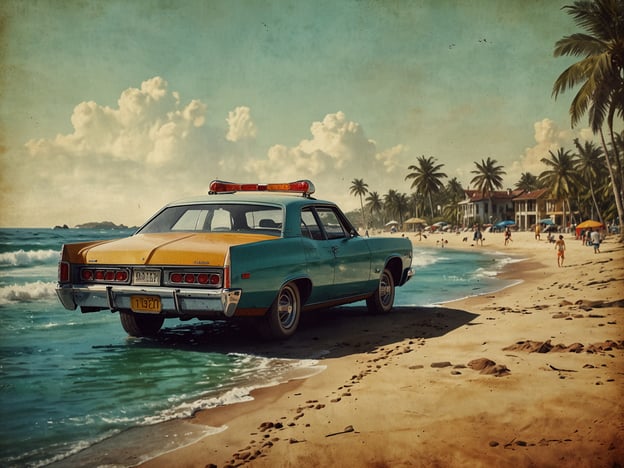 Das Bild zeigt ein farbenfrohes Polizeiauto, das am Strand steht, mit dem Meer im Hintergrund und Palmen, die die Küste säumen. Das Auto hat eine gelbe und türkisfarbene Lackierung und ist mit einem roten Anhaltegerät ausgestattet. Im Vordergrund verläuft der Sandstrand, auf dem sich eine Vielzahl von Menschen erholt.Zusammenfassend lässt sich sagen, dass das Bild eine entspannte Strandatmosphäre vermittelt, während das Polizeiauto möglicherweise für Sicherheit oder Ordnung sorgt.Ausblick: Diese Art von Szenerie könnte eine nostalgische Stimmung hervorrufen und den Betrachter dazu anregen, über den Sommer, Urlaubsaktivitäten und die Rolle von Ordnungskräften in Freizeitgebieten nachzudenken.