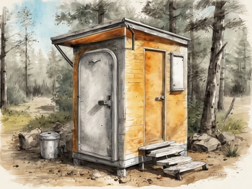 Ein einfaches Holzgebäude, das als Campingtoilette dient, steht in einer waldreichen Umgebung. Es hat eine grau-metallische Tür mit einem Sicherheitsschloss und eine orangefarbene Holzwand. Neben der Toilette führt eine kleine Holztreppe zu einem Eingang. An der rechten Seite befindet sich ein kleines Fenster und ein Informationskasten. In der Nähe steht ein grauer Mülleimer. Der Boden ist aus Erdboden und Steinen, und im Hintergrund sind Bäume sichtbar.