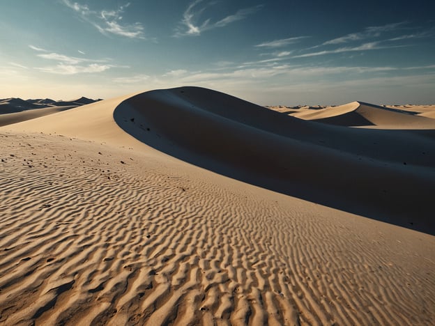 Auf dem Bild sind weiße Sanddünen zu sehen, die eine malerische Landschaft bilden. Die Dünen haben sanfte, geschwungene Formen, die im Sonnenlicht schimmern. Die Oberfläche des Sandes zeigt feine Muster, die durch Wind und Erosion entstanden sind.Die hellen Sanddünen reflektieren das Licht und differenzieren sich von den grauen und blauen Himmelstönen, was eine schöne Kontrastwirkung erzeugt. Solche Landschaften finden sich oft in trockenen Regionen und bieten eine besondere Ästhetik durch ihre schlichten, aber beeindruckenden Formen. Die Weite und Ruhe der Sanddünen vermittelt ein Gefühl von Abgeschiedenheit und Erhabenheit.