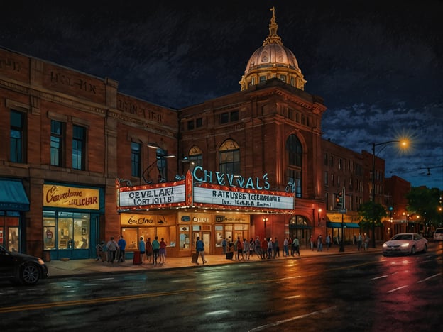 Auf dem Bild ist ein historisches Theater in Cleveland zu sehen, das "Cleveland's". Es ist abends und die Beleuchtung des Gebäudes sowie der umliegenden Straßen sorgt für eine einladende Atmosphäre. Menschen versammeln sich vor dem Eingang, was auf eine Veranstaltung oder eine Aufführung hindeutet. Die Umgebung wird von Geschäften und Restaurants ergänzt, die die lebendige Musikszene der Stadt widerspiegeln. Solche Venues sind oft der Dreh- und Angelpunkt für Konzerte und kulturelle Veranstaltungen in Cleveland.