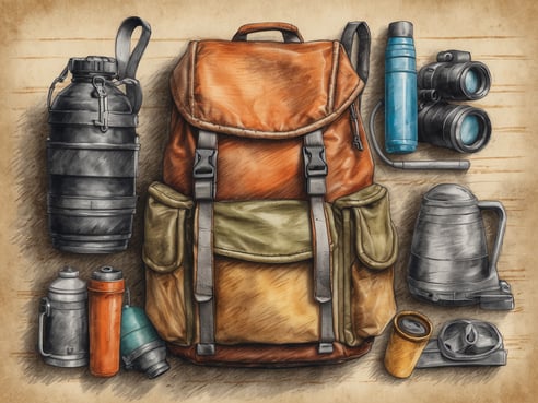 Ein stabiler Outdoor-Rucksack in Orange und Grün liegt auf einem braunen Hintergrund. Neben dem Rucksack befinden sich verschiedene Ausrüstungsgegenstände: eine schwarze Wasserflasche, eine blaue Thermoskanne, ein Paar Ferngläser mit einem blauen Gurt, ein grauer Campingbecher, eine orange Flasche, eine grüne Flasche, eine graue Kanne sowie eine kleine gelbe Tasse. Die Anordnung der Ausrüstung vermittelt den Eindruck von Abenteuer und Erkundung in der Natur.