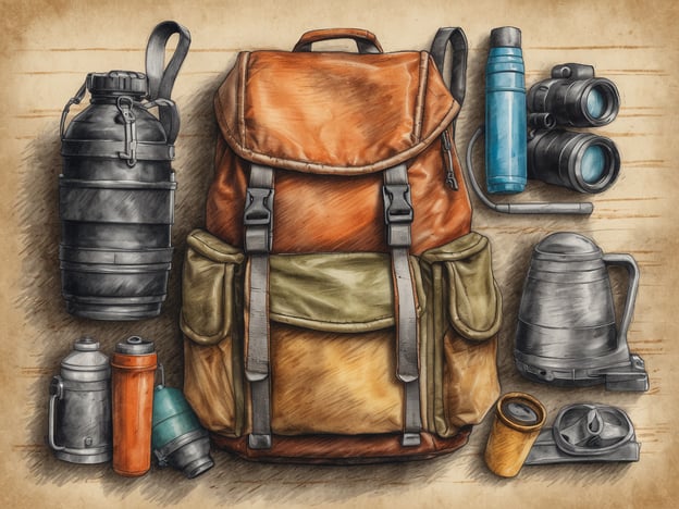 Ein stabiler Outdoor-Rucksack in Orange und Grün liegt auf einem braunen Hintergrund. Neben dem Rucksack befinden sich verschiedene Ausrüstungsgegenstände: eine schwarze Wasserflasche, eine blaue Thermoskanne, ein Paar Ferngläser mit einem blauen Gurt, ein grauer Campingbecher, eine orange Flasche, eine grüne Flasche, eine graue Kanne sowie eine kleine gelbe Tasse. Die Anordnung der Ausrüstung vermittelt den Eindruck von Abenteuer und Erkundung in der Natur.