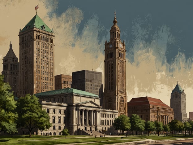 Auf dem Bild sind beeindruckende Gebäude und eine Stadtszene zu sehen, die an die Architektur von Cleveland erinnert. Im Vordergrund ist wahrscheinlich ein historisches Gebäude, das dem ikonischen Cleveland Public Library ähnelt, erkennbar an der majestätischen Säulenfront. Im Hintergrund steht ein Hochhaus, das die Entwicklung der Stadt im 20. Jahrhundert symbolisiert, als Cleveland zu einem wichtigen wirtschaftlichen Zentrum wurde.Cleveland hat eine reiche Geschichte, die von industrialisiertem Wachstum geprägt ist. Zu Beginn des 20. Jahrhunderts erlebte die Stadt einen Boom, der durch die Lage am Eriesee und die Entwicklung von Verkehrswegen begünstigt wurde. Gebäude wie die auf dem Bild dargestellten reflektieren den Stolz und die Ambitionen der Stadt während dieser Zeit.