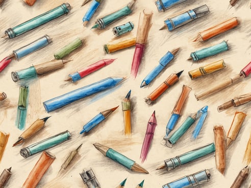 Auf dem Bild sind viele bunte Stifte und Marker auf einem hellen Hintergrund verteilt. Die Stifte sind in verschiedenen Farben wie Blau, Grün, Rot, Orange, Gelb und Braun dargestellt. Einige der Stifte sind spitz, während andere stumpf oder angespitzt sind. Das Bild vermittelt einen kreativen und künstlerischen Eindruck.