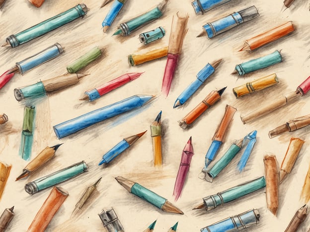 Auf dem Bild sind viele bunte Stifte und Marker auf einem hellen Hintergrund verteilt. Die Stifte sind in verschiedenen Farben wie Blau, Grün, Rot, Orange, Gelb und Braun dargestellt. Einige der Stifte sind spitz, während andere stumpf oder angespitzt sind. Das Bild vermittelt einen kreativen und künstlerischen Eindruck.