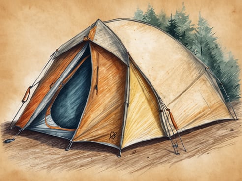 Ein handgezeichnetes Zelt steht auf einem erdigen Untergrund, umgeben von skizzenhaften Baumansichten im Hintergrund. Das Zelt hat verschiedene Farbtöne, darunter ein helles Orange und Beige, und die Eingänge sind leicht geöffnet, wodurch der Blick ins Innere sichtbar wird. Die Details sind detailliert ausgearbeitet, und die gesamte Szene vermittelt ein Gefühl von Natur und Abenteuer.