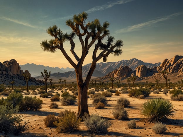 Auf dem Bild ist eine typische Landschaft des Joshua Tree Nationalparks zu sehen. Im Vordergrund steht ein Joshua Tree, umgeben von einer ariden Wüstenlandschaft mit typischen Pflanzen und Felsen im Hintergrund. Die sanften Farben des Sonnenuntergangs verleihen der Szene eine wunderschöne Atmosphäre.Hier sind einige Tipps für deinen Besuch im Joshua Tree Nationalpark:1. **Früh aufstehen:** Um die kühleren Temperaturen zu nutzen und die besten Lichtverhältnisse für Fotos zu haben, solltest du früh am Morgen aufbrechen.2. **Wasser mitnehmen:** Achte darauf, ausreichend Wasser dabei zu haben, da die Temperaturen schnell steigen können.3. **Sonnenschutz:** Sonnencreme, ein Hut und Sonnenbrillen sind wichtig, um dich vor der intensiven Sonne zu schützen.4. **Wanderwege erkunden:** Informiere dich über die verschiedenen Wanderwege, die für unterschiedliche Schwierigkeitsgrade geeignet sind. Die Hidden Valley Trail und die Barker Dam Trail sind beliebte Optionen.5. **Sicherheit:** Halte immer Abstand zu wilden Tieren und bleibe auf den markierten Wegen, um die Natur zu schützen.6. **Sternenhimmel genießen:** Wenn möglich, bleibe bis nachts, um die atemberaubenden Sterne zu beobachten. Der Park ist bekannt für seine klare Sicht auf den Nachthimmel.7. **Respektiere die Natur:** Nimm deinen Müll mit und respektiere die Tier- und Pflanzenwelt.Viel Spaß bei deinem Besuch!