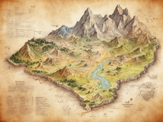 Eine detaillierte Wanderkarte zeigt eine hügelige Landschaft mit Bergen, Tälern und einem klaren Fluss, der sich durch die Mitte schlängelt. Die Karte ist reichhaltig koloriert und zeigt verschiedene geografische Elemente wie Wälder, Flüsse und Wege. In den Ecken und an den Rändern der Karte befinden sich handschriftliche Notizen, Höhenangaben und Legenden, die zu den markierten Routen und Aussichtspunkten führen. Die gesamte Darstellung vermittelt ein nostalgisches Gefühl, als wäre sie aus einer alten Erkundungstour entnommen.