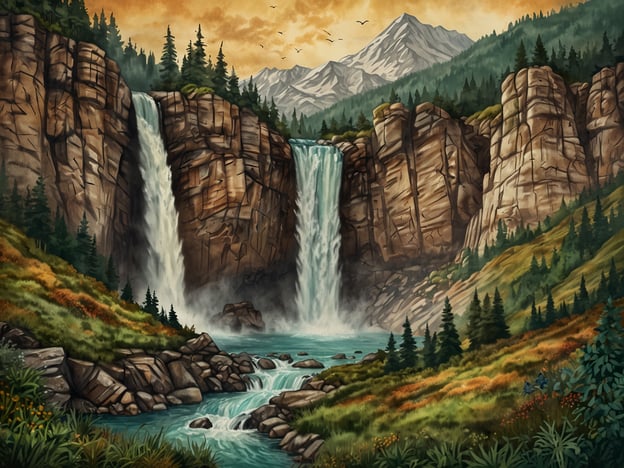 Auf dem Bild ist eine malerische Landschaft mit zwei Wasserfällen zu sehen, die in einen klaren, blauen Fluss fallen. Umgeben von majestätischen Bergen und reich bewaldeten Hügeln, vermittelt die Szene eine friedliche und naturnahe Atmosphäre.Im Shenandoah Nationalpark gibt es ähnliche wunderbare Wanderungen, die Besuchern die Gelegenheit bieten, beeindruckende Wasserfälle zu entdecken, wie die Dark Hollow Falls oder die Whiteoak Canyon Falls. Die Schönheit der Natur lädt Wanderer ein, die atemberaubenden Ausblicke und die Vielfalt der Flora und Fauna zu genießen.