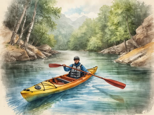 Ein Mann paddelt in einem orangefarbenen Kanu auf einem ruhigen Fluss, umgeben von grünen Bäumen und steinigen Ufern. Die Landschaft im Hintergrund zeigt Nebel umrahmt von Bergen. Der Mann trägt eine Schwimmweste und einen Helm, während er mit einem Paddel in der Hand das Kanu bewegt.