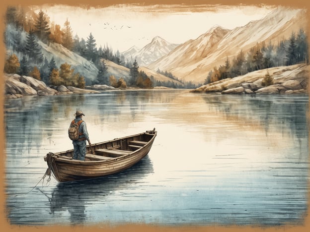 Ein Angler steht in einem kleinen Holzboot auf einem ruhigen Gewässer und fischt. Im Hintergrund sind majestätische Berge zu sehen, umrahmt von Bäumen und sanften Hügeln. Die Farben sind in sanften Erdtönen gehalten und reflektieren die ruhige Stimmung der Natur. Der Angler trägt eine Mütze und hat einen Rucksack auf dem Rücken. Das Wasser spiegelt die Umgebung wider und verstärkt das friedliche Ambiente der Szene.