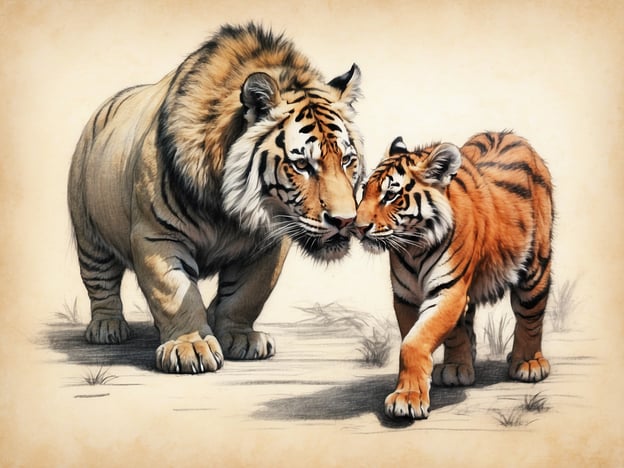 Auf dem Bild sind zwei Tiger zu sehen, ein größerer und ein kleinerer, die einander nahekommen. In einem Zoo könnten solche Tiere Teil von speziellen Attraktionen sein, wie z.B. einem Tigergehege, das Besuchern die Möglichkeit bietet, die majestätischen Raubtiere aus nächster Nähe zu beobachten.Zudem könnte der Zoo Veranstaltungen wie Fütterungen oder informative Tierpräsentationen anbieten, bei denen die Tiere aktiv sind und das Publikum mehr über ihre Lebensweise und den Schutz ihrer Art lernen kann. Solche Erlebnisse tragen dazu bei, das Bewusstsein für den Naturschutz zu fördern und die Verbindung zu diesen beeindruckenden Tieren zu stärken.