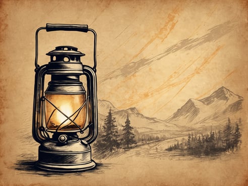 Auf dem Bild ist eine altmodische Campinglampe zu sehen, die im Vordergrund platziert ist. Die Lampe hat einen metallenen Körper und ein schimmerndes Glas, das von einem Gitter geschützt wird. Im Hintergrund erstreckt sich eine Landschaft mit Bergen und Nadelbäumen, die in einem skizzierten Stil dargestellt sind. Der Hintergrund hat eine beige, papierähnliche Textur, die der Szene einen nostalgischen Charakter verleiht.